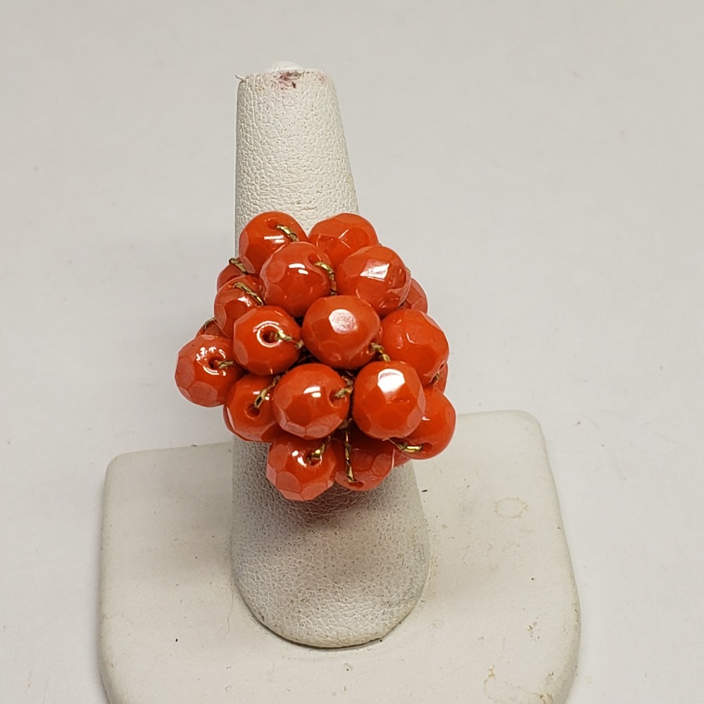 Stretch Ring Bright Orange Beads Gold Tone Stretch
